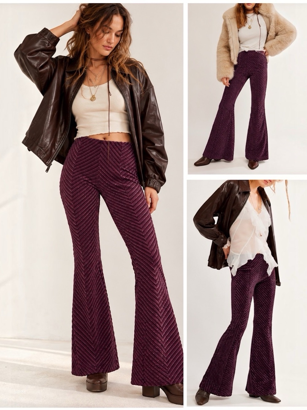 Free People Velvet Flare Pants Pull-On Low Rise Textured Chevron Retro 70s Small